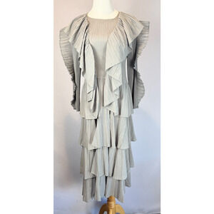 Women Chiffon Pleated Ruffle Dress Long Sleeve Elegant Oh So Modest Gray Sz XL